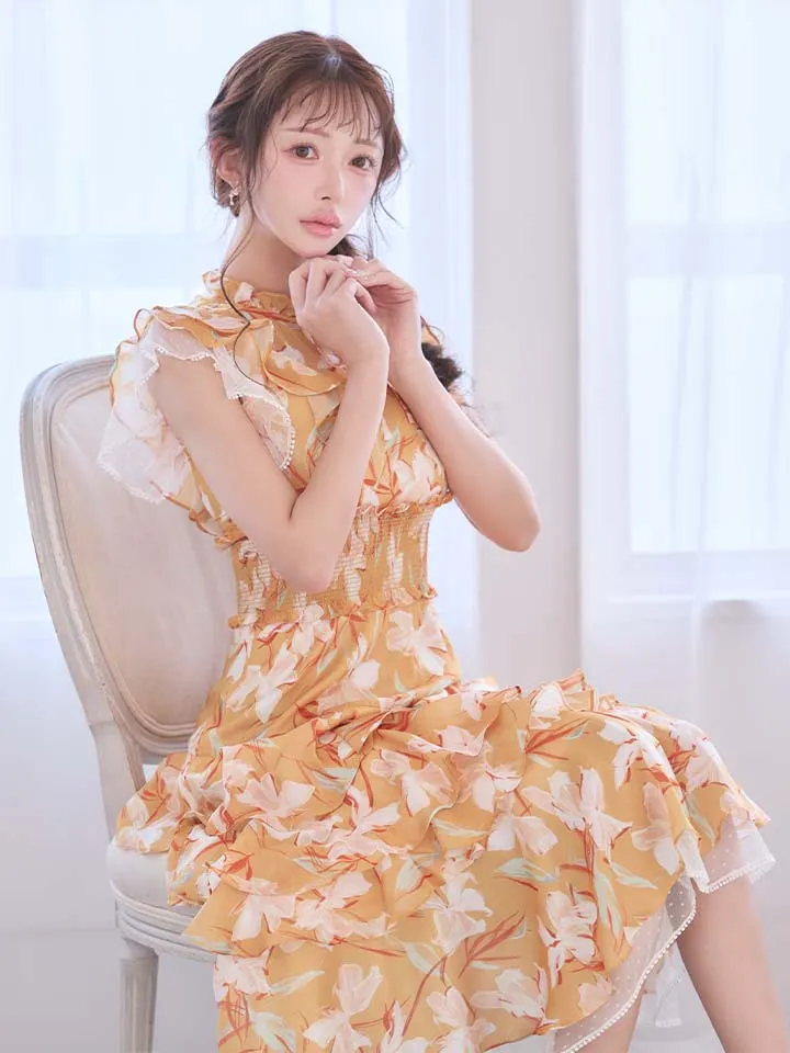 【SETTAN/セッタン】花柄/ シフォン/ フリルスリーブ/ プチハイネック/ ティアード/ Aライン/ ワンピース/ ミディアムドレス/ キャバドレス1