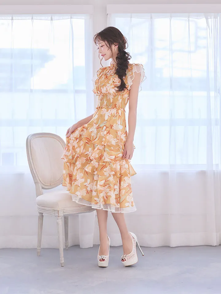 【SETTAN/セッタン】花柄/ シフォン/ フリルスリーブ/ プチハイネック/ ティアード/ Aライン/ ワンピース/ ミディアムドレス/ キャバドレス2