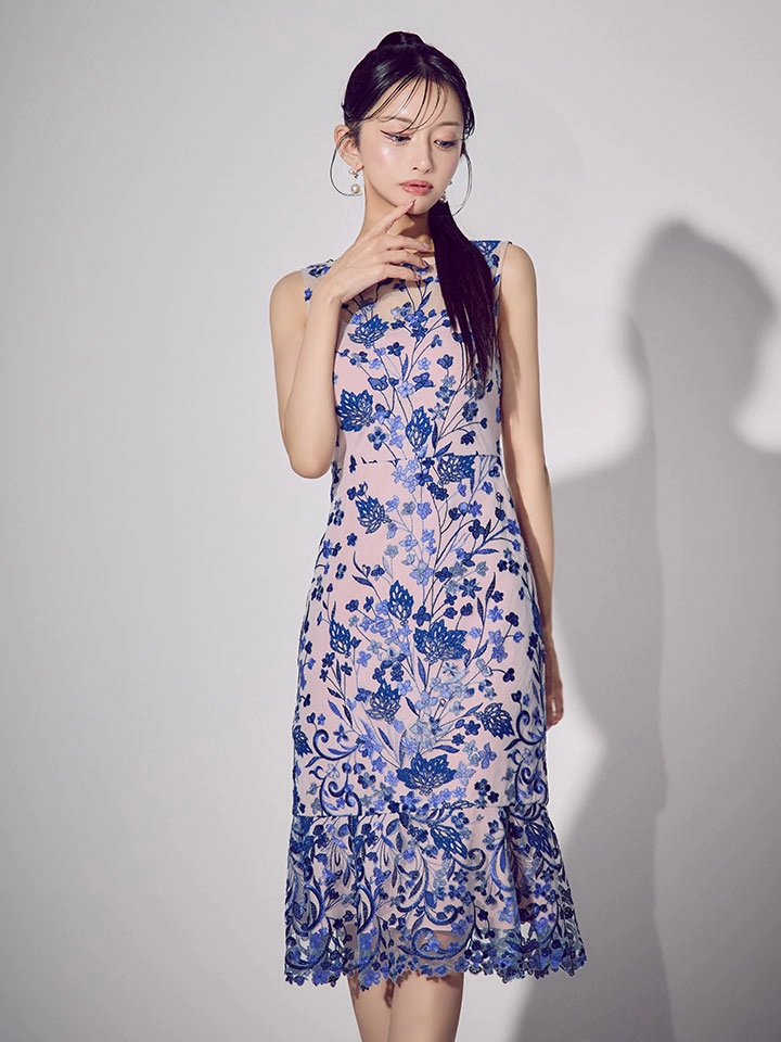 【SETTAN/セッタン】花柄/ 刺繍/ シアー/ ベルト付き/ ノースリーブ/ 膝丈/ セミフレア/ ワンピース/ ミディアムドレス/ キャバドレス4