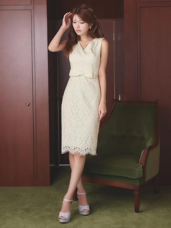 【SETTAN/セッタン】フラワー刺繍/ レース/ ウエストリボン/ ノースリーブ/ Vネック/ 膝丈/ タイト/ ミディアムドレス/ キャバドレス1