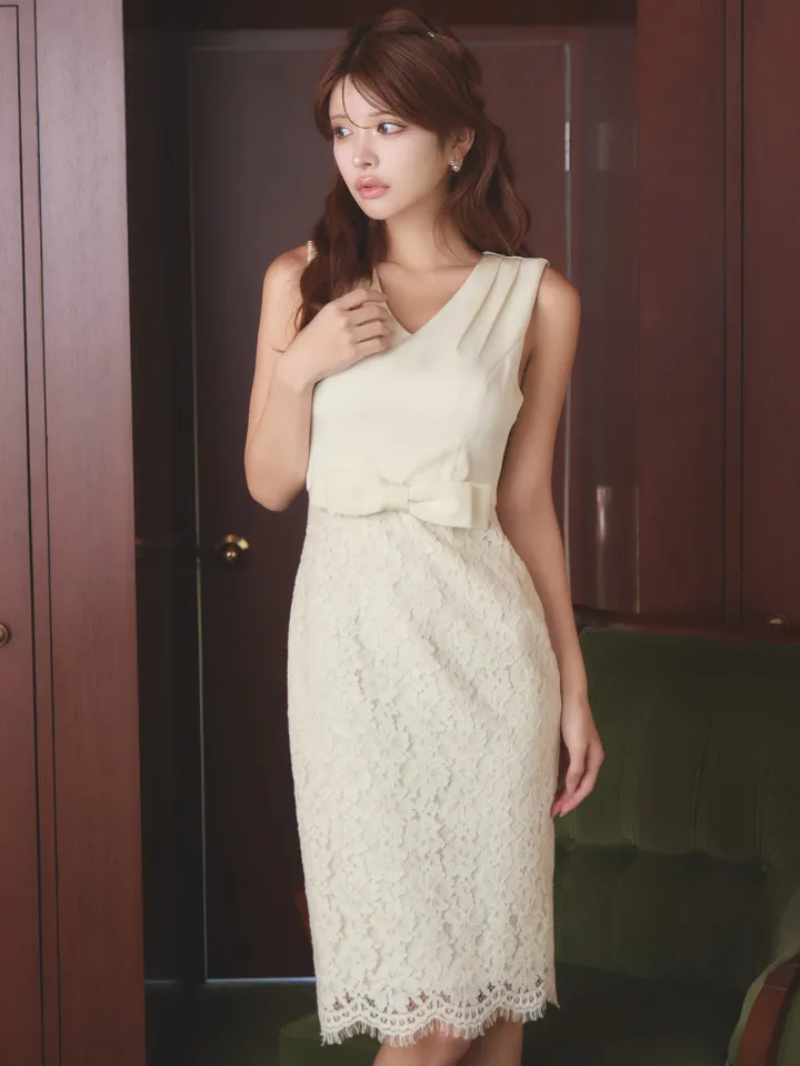 【SETTAN/セッタン】フラワー刺繍/ レース/ ウエストリボン/ ノースリーブ/ Vネック/ 膝丈/ タイト/ ミディアムドレス/ キャバドレス2