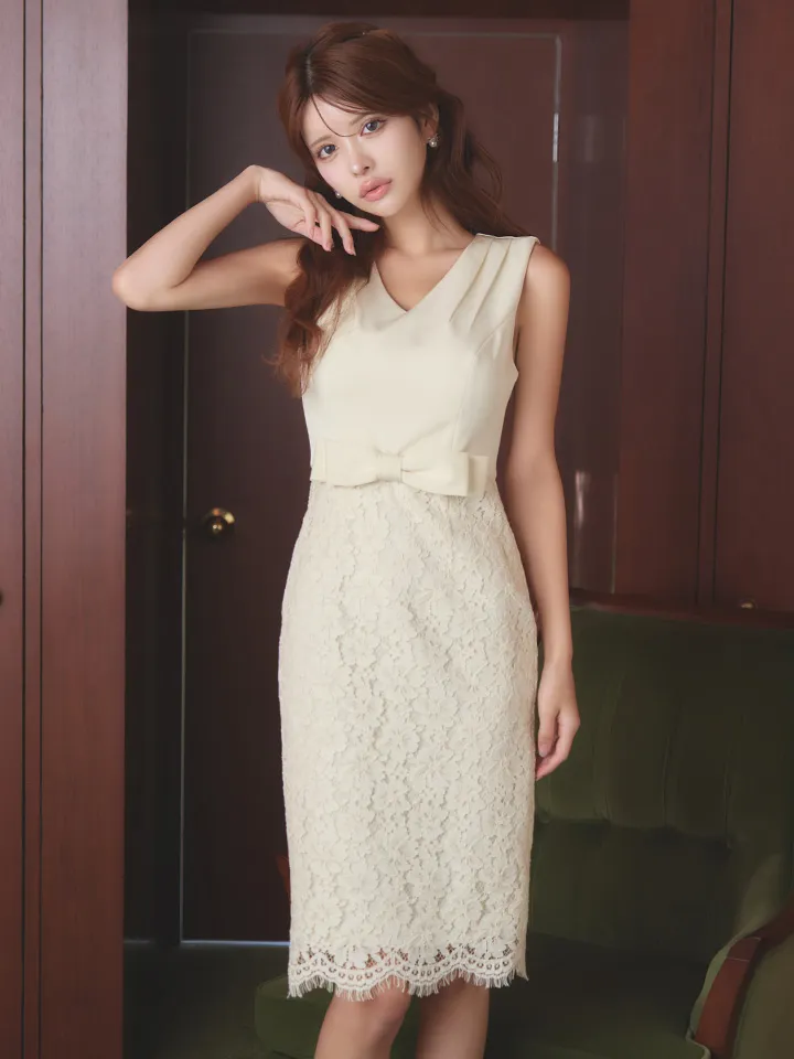 【SETTAN/セッタン】フラワー刺繍/ レース/ ウエストリボン/ ノースリーブ/ Vネック/ 膝丈/ タイト/ ミディアムドレス/ キャバドレス3