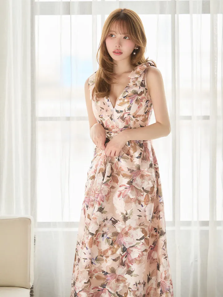 【SETTAN/セッタン】シンプル/ サテン/ ショルダーリボン/ Vネック/ Aライン/ ロングドレス / キャバドレス long4