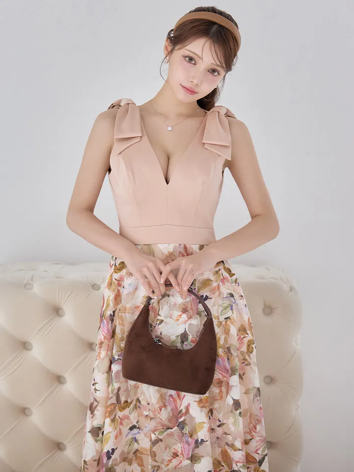 【SETTAN/セッタン】シンプル/ サテン/ ショルダーリボン/ Vネック/ Aライン/ ロングドレス / キャバドレス long3