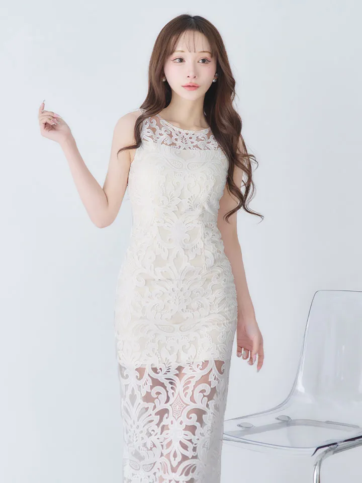 【SETTAN/セッタン】総レース/ チュールレース/ シアー/ ノースリーブ/ インナーミニ/ タイト/ ストレートライン/ ロングドレス / キャバドレス long4