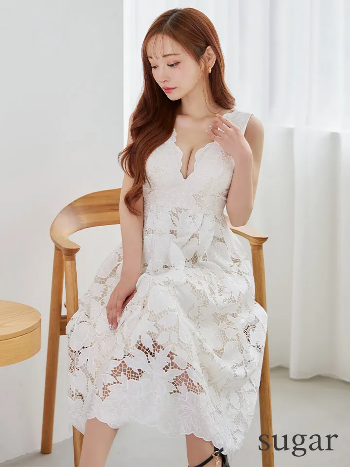 【SETTAN/セッタン】総レース/ フラワーレース/ Vネック/ ノースリーブ/ Aライン/ フレア/ ミディアムドレス/ キャバドレス1