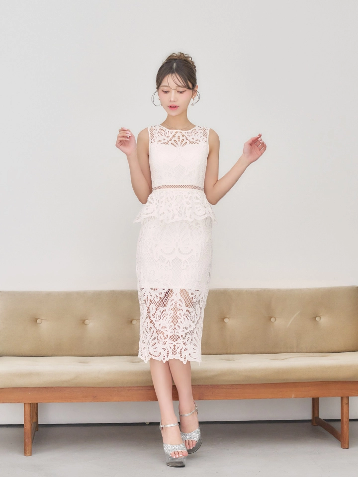 【SETTAN/セッタン】総レース/ ペプラム/ クラシカル柄/ 刺繍/ シースルー/ ノースリーブ/ タイト/ ミディアムドレス/ キャバドレス1