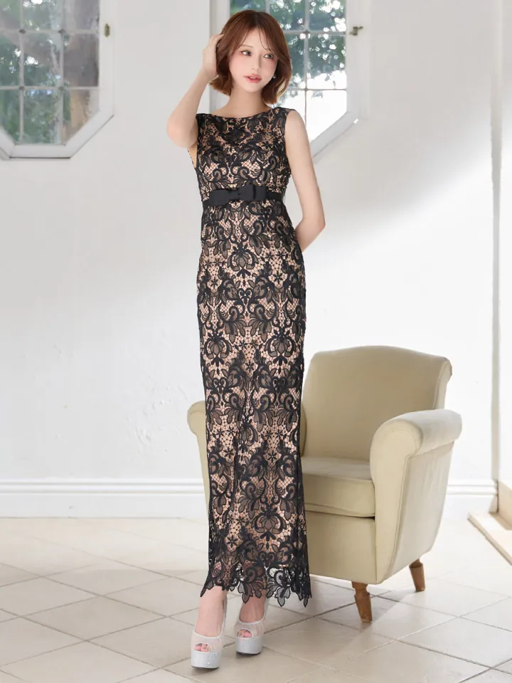 【SETTAN/セッタン】総レース/ クラシカル柄/ 刺繍/ ノースリーブ/ ボートネック/ バックスリット/ タイト/ ロングドレス/ キャバドレス long1