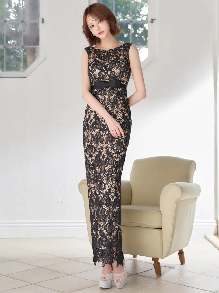 【SETTAN/セッタン】総レース/ クラシカル柄/ 刺繍/ ノースリーブ/ ボートネック/ バックスリット/ タイト/ ロングドレス/ キャバドレス long2