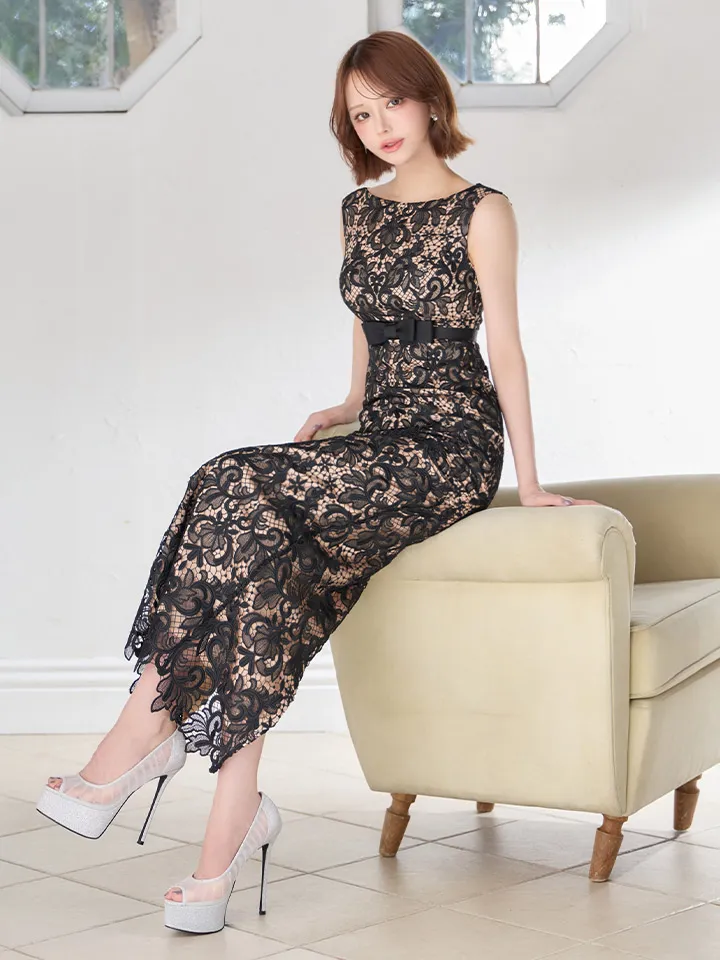 【SETTAN/セッタン】総レース/ クラシカル柄/ 刺繍/ ノースリーブ/ ボートネック/ バックスリット/ タイト/ ロングドレス/ キャバドレス long4