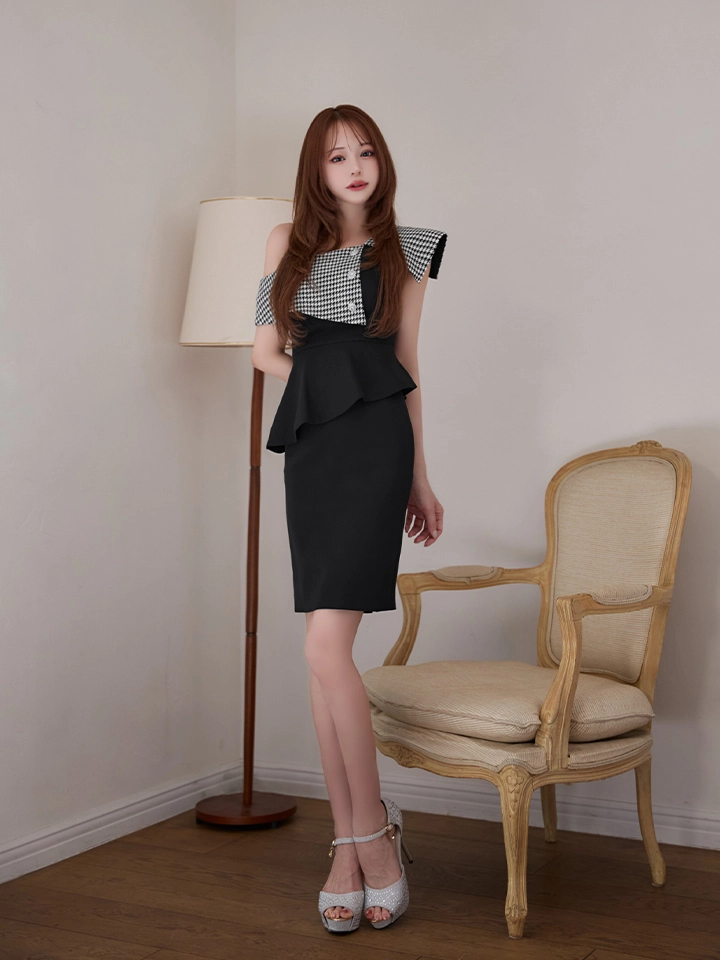 【SETTAN/セッタン】千鳥柄/ ビジューボタン/ ワンショル/ ペプラム/ / タイト/ ミニドレス/ キャバドレス1