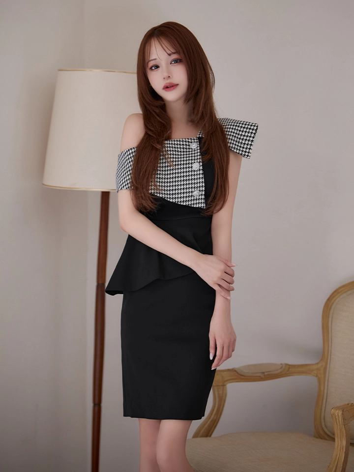 【SETTAN/セッタン】千鳥柄/ ビジューボタン/ ワンショル/ ペプラム/ / タイト/ ミニドレス/ キャバドレス2