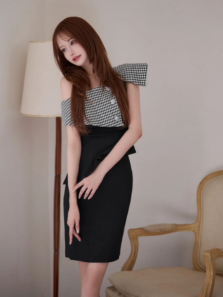 【SETTAN/セッタン】千鳥柄/ ビジューボタン/ ワンショル/ ペプラム/ / タイト/ ミニドレス/ キャバドレス4