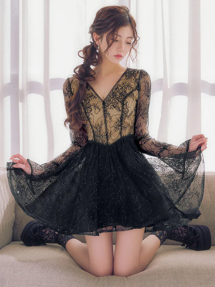【SETTAN/セッタン】ロングスリーブ/ シースルー/ 刺繍レース/ Vネック/ スパンコール/ チュール/ Aライン/ フレア/ ミニドレス / キャバドレス4