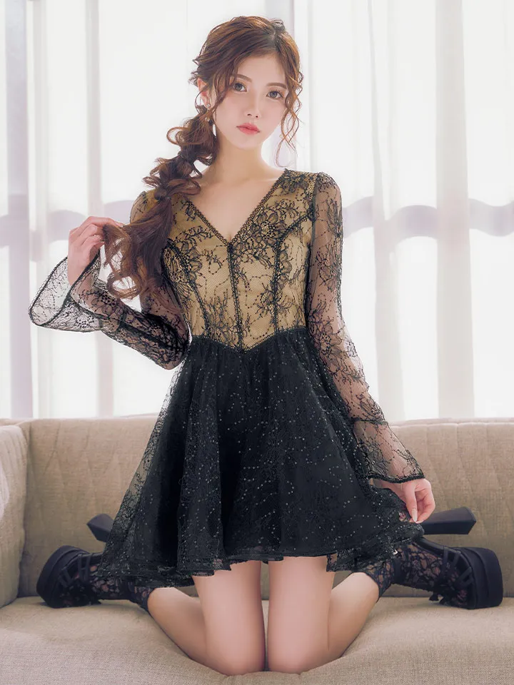 【SETTAN/セッタン】ロングスリーブ/ シースルー/ 刺繍レース/ Vネック/ スパンコール/ チュール/ Aライン/ フレア/ ミニドレス / キャバドレス5