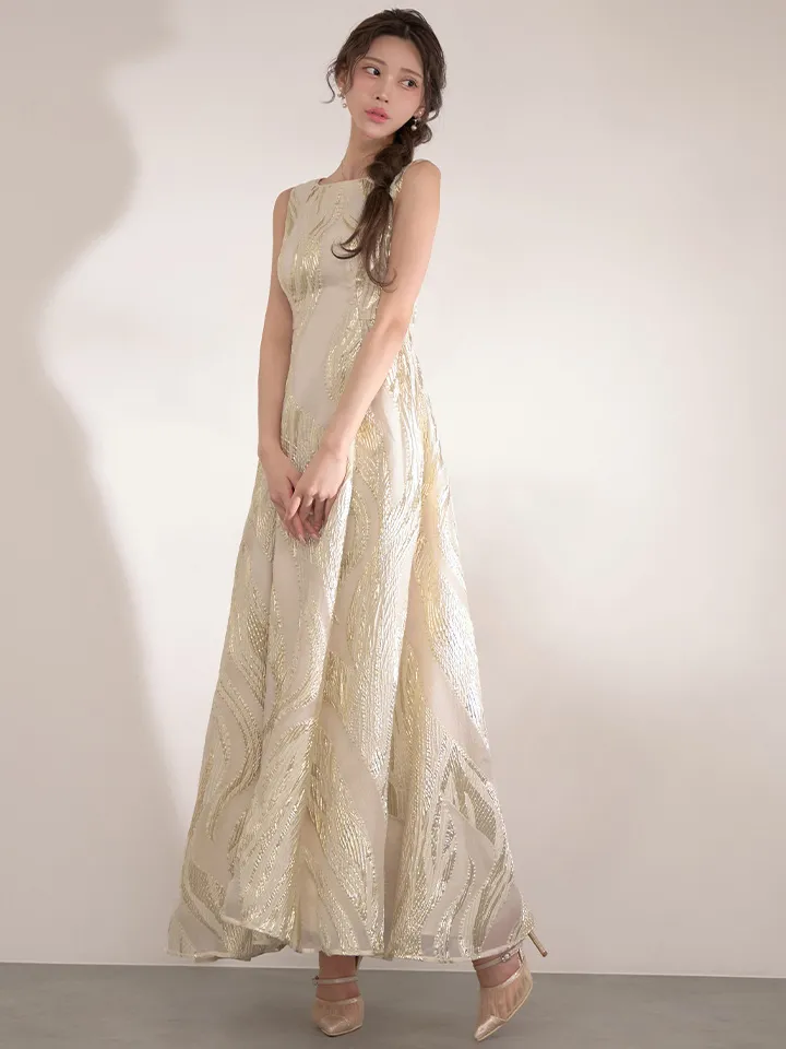 【SETTAN/セッタン】金糸/ プリント/ オーガンジー/ ボートネック/ ノースリーブ/ フレア/ ワンピース/ ロングドレス / キャバドレス4