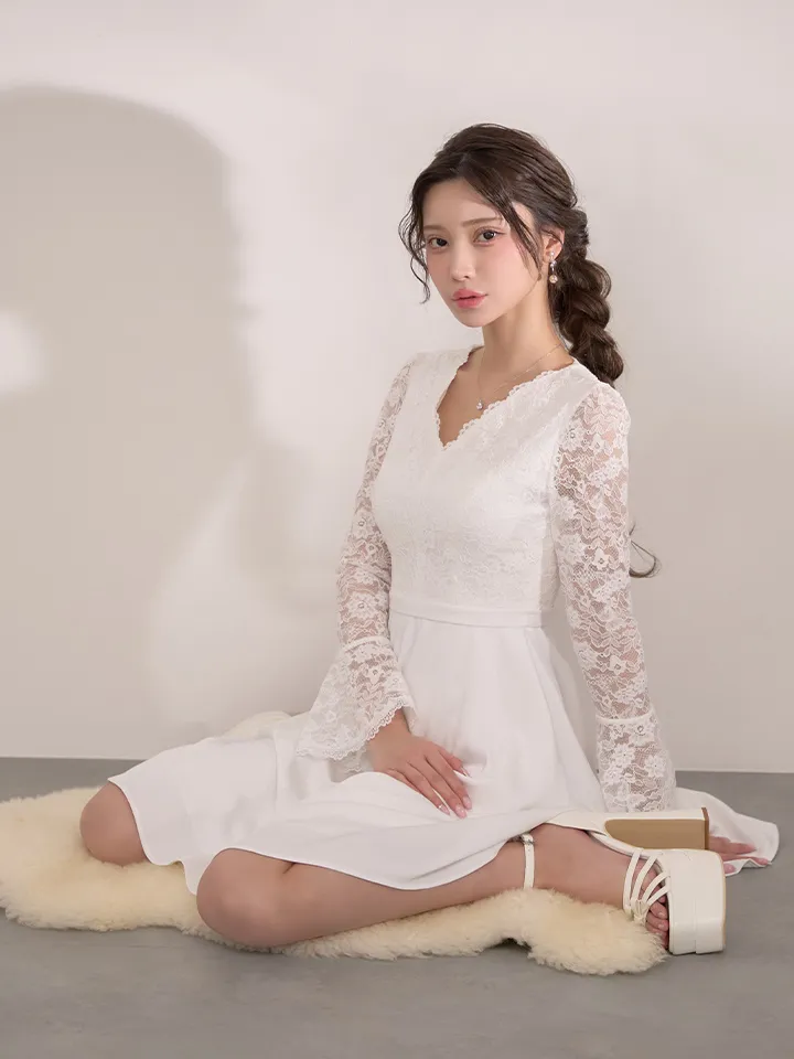 【SETTAN/セッタン】 ワンカラー/ レース/ サテン/ Vネック/ 長袖/ ベルスリーブ/ ミディアムドレス/ キャバドレス4