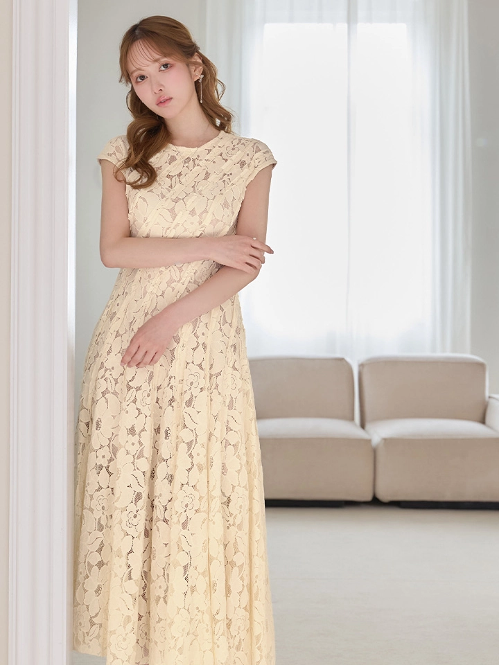 【SETTAN/セッタン】総レース/ フラワー刺繍/ 斜め切替/ フレンチスリーブ/ マキシ丈/ Aライン/ ワンピース/ ロングドレス / キャバドレス2