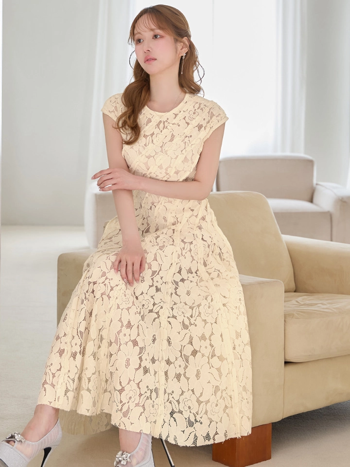 【SETTAN/セッタン】総レース/ フラワー刺繍/ 斜め切替/ フレンチスリーブ/ マキシ丈/ Aライン/ ワンピース/ ロングドレス / キャバドレス5