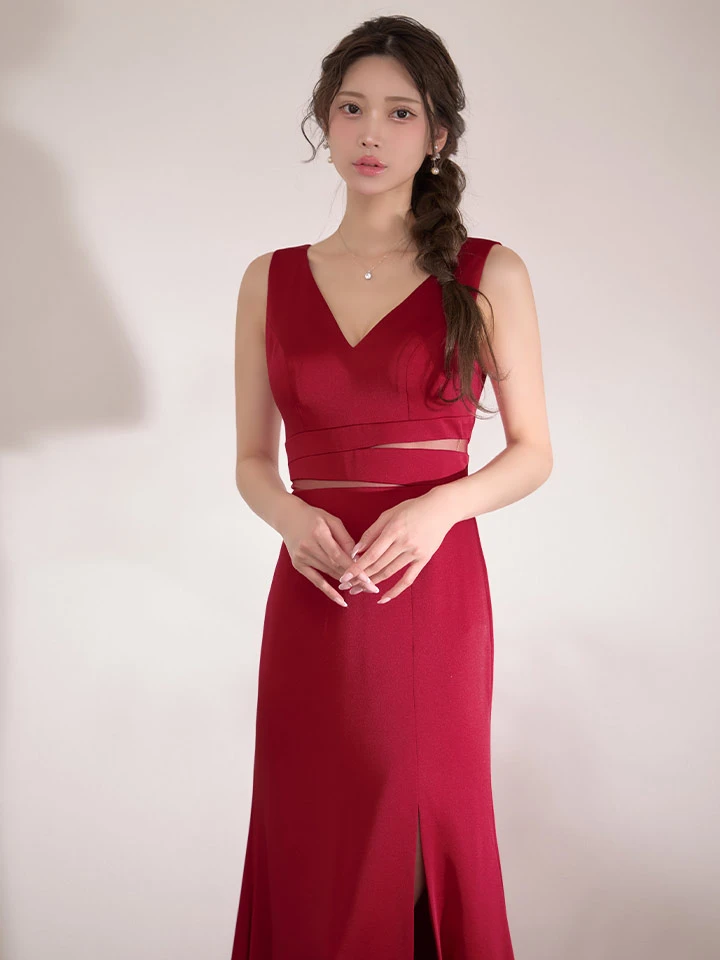 XS-Lサイズあり【SETTAN/セッタン】ワンカラー/ Vネック/ ウエストシアー/ ロングスリット/ ノースリーブ/ ロングドレス/ キャバドレス2