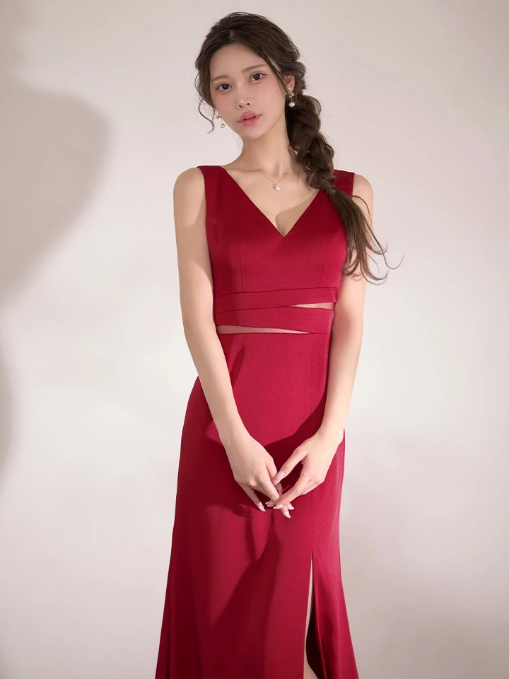 商品名の「XS-Lサイズあり【SETTAN/セッタン】ワンカラー/ Vネック/ ウエストシアー/ ロングスリット/ ノースリーブ/ ロングドレス/ キャバドレス4