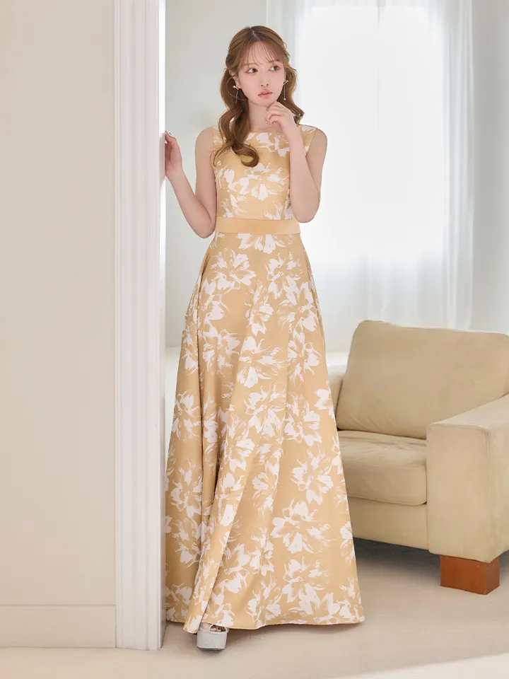 【SETTAN/セッタン】フラワープリント/ ハイウエスト/ ノースリーブ/ ボートネック/ フレア/ Aライン/ ワンピース/ ロングドレス / キャバドレス long[OF2]1