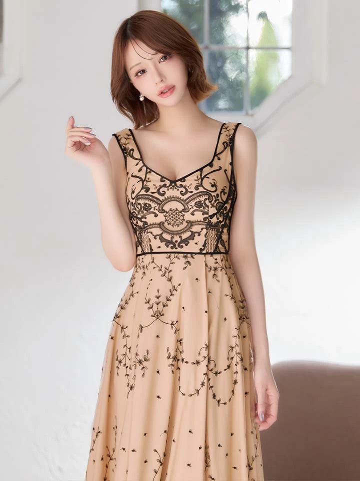 【SETTAN/セッタン】バイカラー/ クラシカル柄/ チュール/ ハイウエスト/ ノースリーブ/ フレア/ Aライン/ ワンピース/ ロングドレス / キャバドレス3