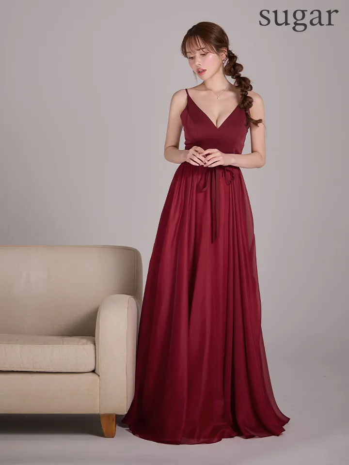 【SETTAN/セッタン】キャミソール/ Vネック/ シフォン/ ウエストリボン/ / フレア/ ワンピース/ ロングドレス / キャバドレス long1