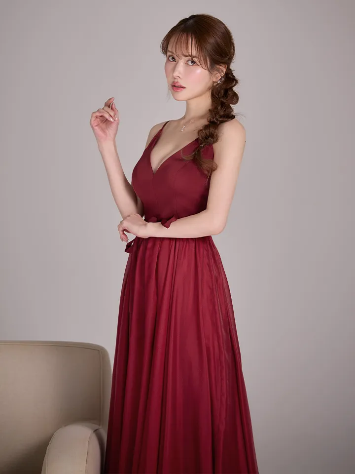 【SETTAN/セッタン】キャミソール/ Vネック/ シフォン/ ウエストリボン/ / フレア/ ワンピース/ ロングドレス / キャバドレス long2