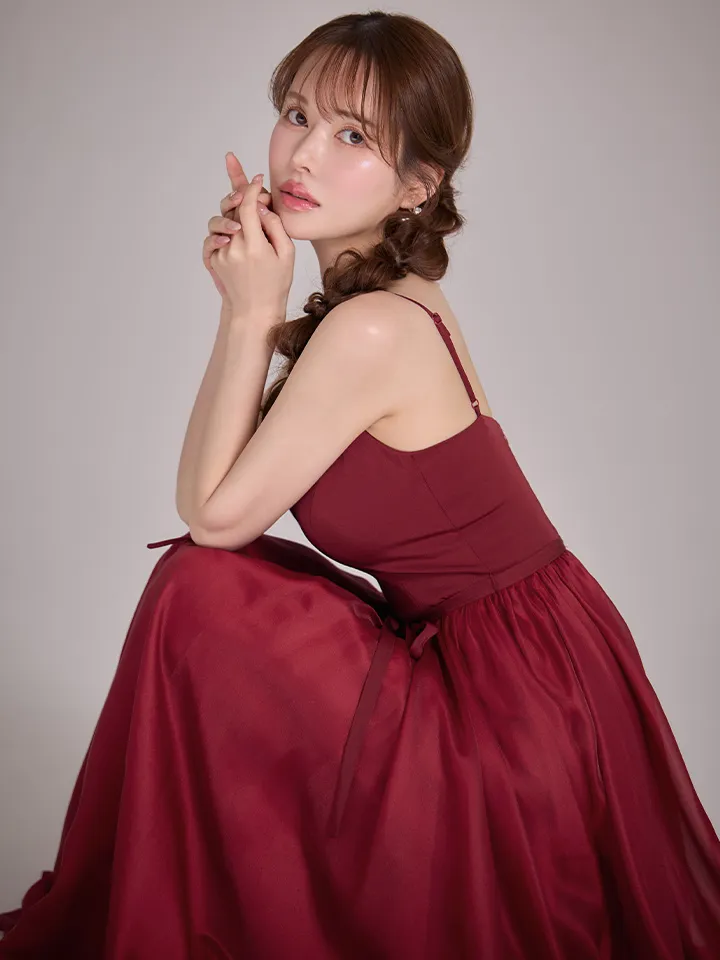 【SETTAN/セッタン】キャミソール/ Vネック/ シフォン/ ウエストリボン/ / フレア/ ワンピース/ ロングドレス / キャバドレス long5