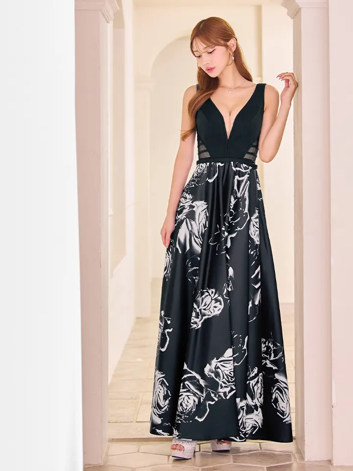 【SETTAN/セッタン】フラワープリント/ 花柄/ ノースリーブ/ フレア/ Aライン/ ロングドレス / サテン / シースルー / キャバドレス1