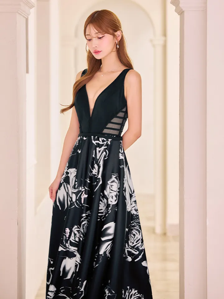 【SETTAN/セッタン】フラワープリント/ 花柄/ ノースリーブ/ フレア/ Aライン/ ロングドレス / サテン / シースルー / キャバドレス3