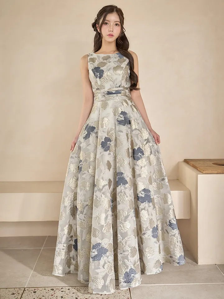 【SETTAN/セッタン】フラワープリント/ 金糸/ ノースリーブ/ ラウンドネック/ フレア/ Aライン/ ワンピース/ ロングドレス / キャバドレス long1