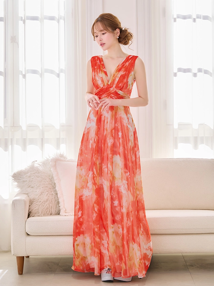 【SETTAN/セッタン】滲み/ プリント/ シフォン/ Vネック/ バストタック/ ギャザー/ Aライン/ ワンピース/ ロングドレス/ キャバドレス1