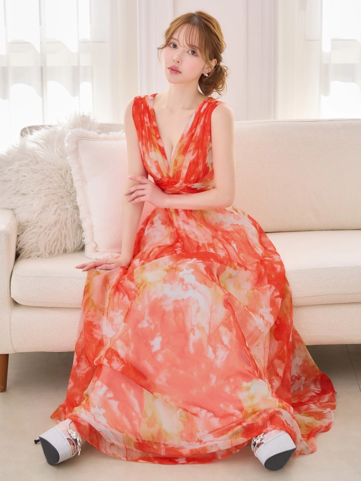 【SETTAN/セッタン】滲み/ プリント/ シフォン/ Vネック/ バストタック/ ギャザー/ Aライン/ ワンピース/ ロングドレス/ キャバドレス3