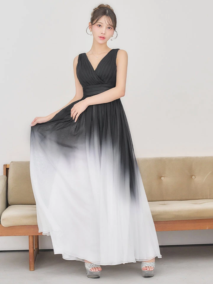 【SETTAN/セッタン】グラデーション/ バイカラー/ バストタック/ Vネック/ ウエストマーク/ ハイウエスト/ フレア/ ワンピース/ ロングドレス/ キャバドレス1