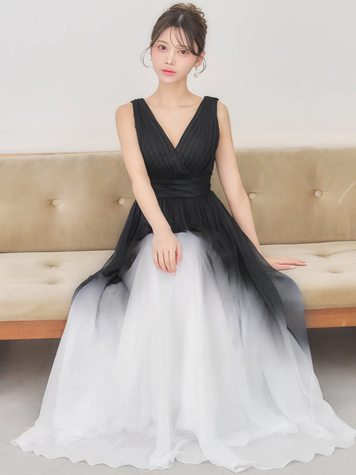 【SETTAN/セッタン】グラデーション/ バイカラー/ バストタック/ Vネック/ ウエストマーク/ ハイウエスト/ フレア/ ワンピース/ ロングドレス/ キャバドレス2