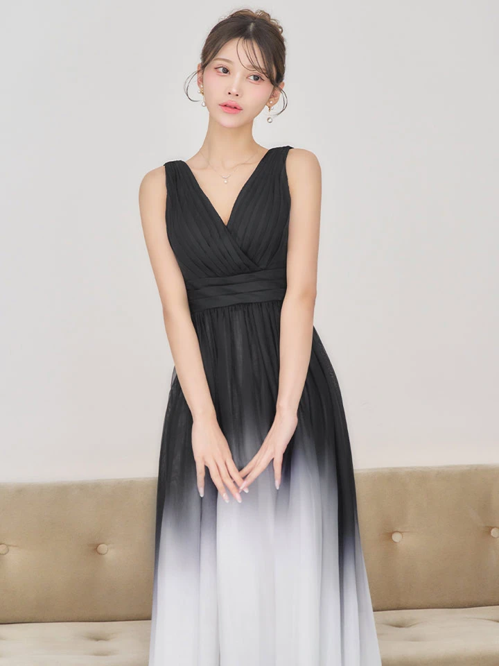 【SETTAN/セッタン】グラデーション/ バイカラー/ バストタック/ Vネック/ ウエストマーク/ ハイウエスト/ フレア/ ワンピース/ ロングドレス/ キャバドレス5