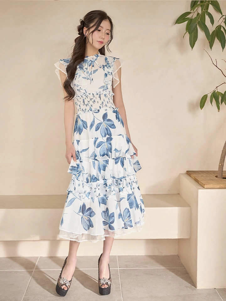 【SETTAN/セッタン】フラワープリント/ ティアード/ フリルスリーブ/ Aライン/ シフォン/ ワンピース/ ミディアムドレス/ キャバドレス1