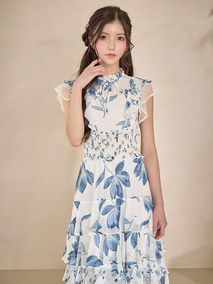 【【SETTAN/セッタン】フラワープリント/ ティアード/ フリルスリーブ/ Aライン/ シフォン/ ワンピース/ ミディアムドレス/ キャバドレス2