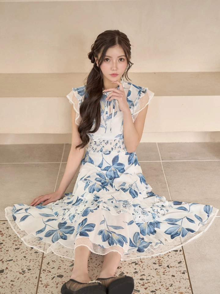 【SETTAN/セッタン】フラワープリント/ ティアード/ フリルスリーブ/ Aライン/ シフォン/ ワンピース/ ミディアムドレス/ キャバドレス4