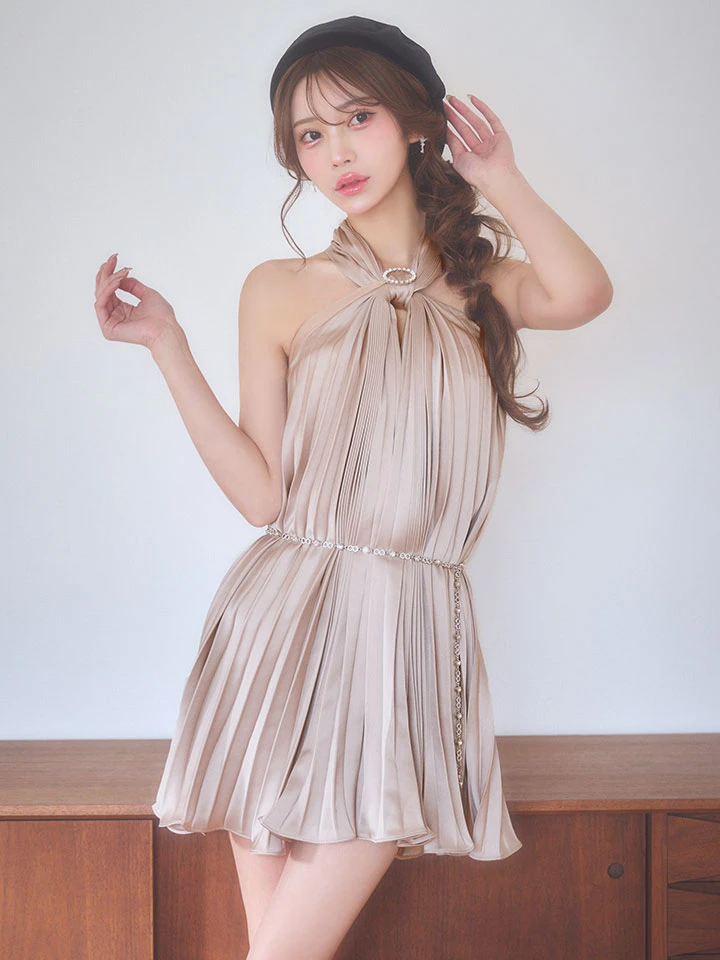 商品名の「【ANDY/アンディ】ビジュー/ ホルターネック/ チェーンベルト/ ノースリーブ/ フレア/ シフォン/ ミニドレス/ ワンピース/ キャバドレス3