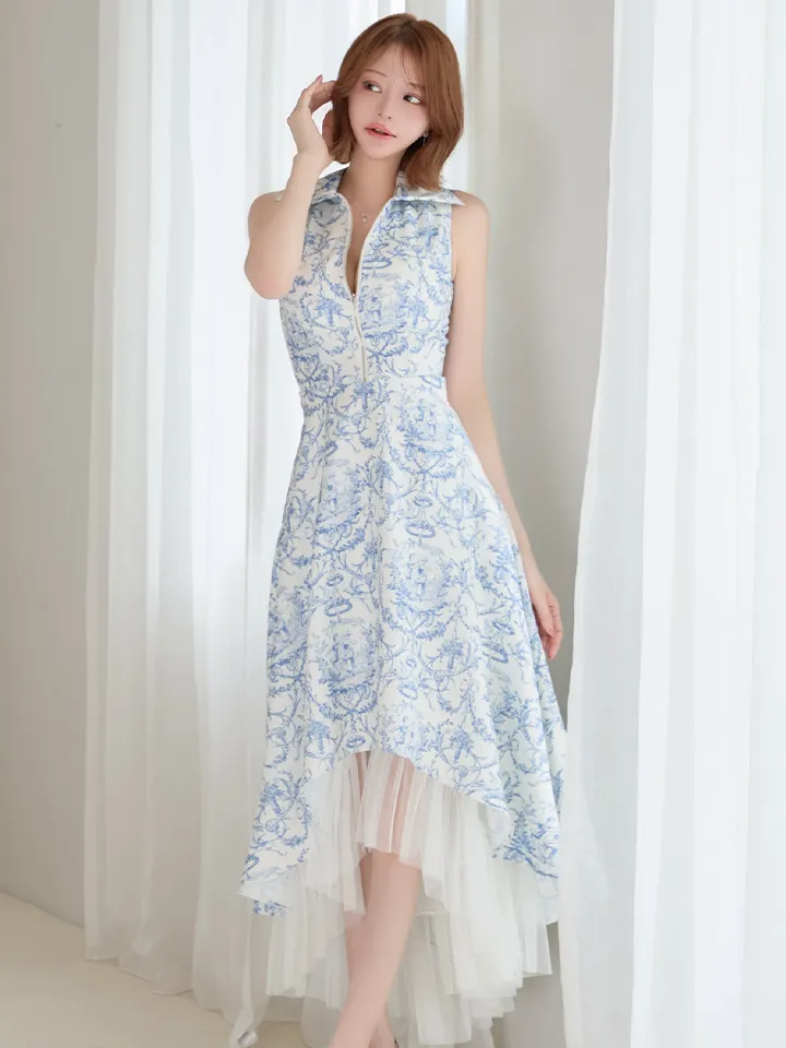 【ANDY/アンディ】襟付き/ ペチコート/ フロントジップ/ クラシカルプリント/ テールカット/ ノースリーブ/ 総柄/ フレア/ ワンピース/ ミディアムドレス/ キャバドレス5