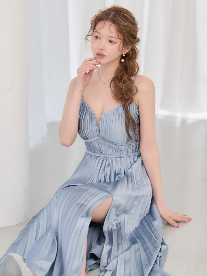 【ANDY/アンディ】シンプル/ ワンカラー/ マットサテン/ キャミソール/ プリーツ/ スリット/ フレア/ ワンピース/ ロングドレス/ キャバドレス1