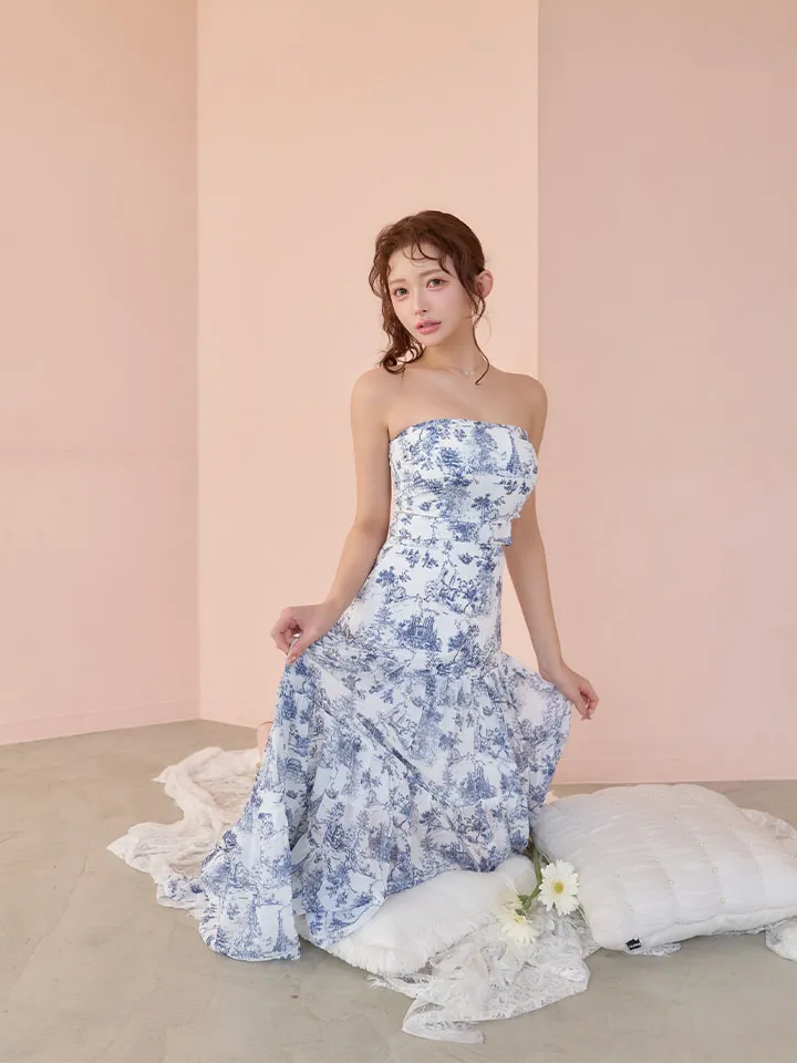 【ANDY/アンディ】ベアトップ/ ウエストカット/ ノースリーブ/ 総柄/ リボン/ Aライン/ フレア/ ワンピース/ ロングドレス/ キャバドレス3