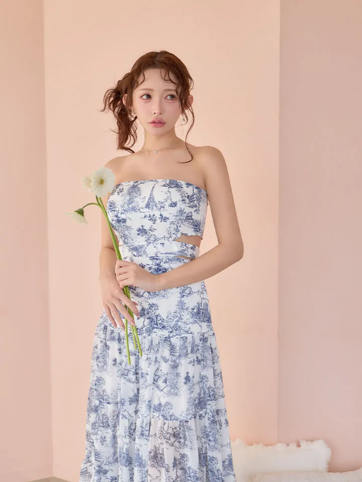 【ANDY/アンディ】ベアトップ/ ウエストカット/ ノースリーブ/ 総柄/ リボン/ Aライン/ フレア/ ワンピース/ ロングドレス/ キャバドレス4