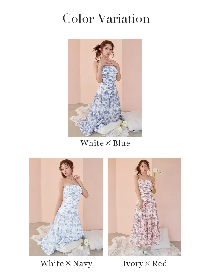 【ANDY/アンディ】ベアトップ/ ウエストカット/ ノースリーブ/ 総柄/ リボン/ Aライン/ フレア/ ワンピース/ ロングドレス/ キャバドレスバリエーション