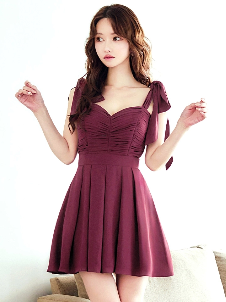 【Donia Quinn / ドニアクイーン】 ギャザートップス/ ショルダーリボン/ ノースリーブ/ ハイウエスト切替/ ワンカラー/ フレア/ ワンピース/ ミニドレス/ キャバドレス11