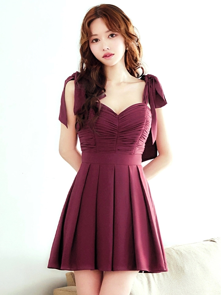 【Donia Quinn / ドニアクイーン】 ギャザートップス/ ショルダーリボン/ ノースリーブ/ ハイウエスト切替/ ワンカラー/ フレア/ ワンピース/ ミニドレス/ キャバドレス12