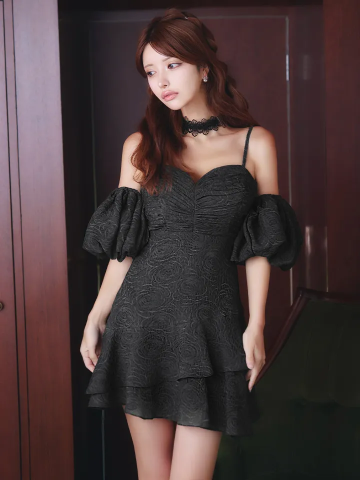 【Donia Quinn / ドニアクイーン】 オフショル/ リップル生地/ 花柄/ チョーカー付き/ バストギャザー/ フレア/ ミニドレス/ キャバドレス11